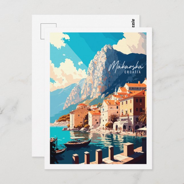 Makarska Croatia Vintage Orts Illustration Postkarte (Vorne/Hinten)