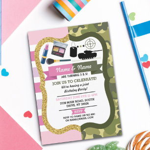 Make-up & Army Boy Girl Geburtstag gemeinsames Par Einladung