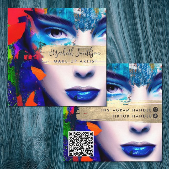 Make up Artist Add QR Code & Social Media farbig Quadratische Visitenkarte (Von Creator hochgeladen)