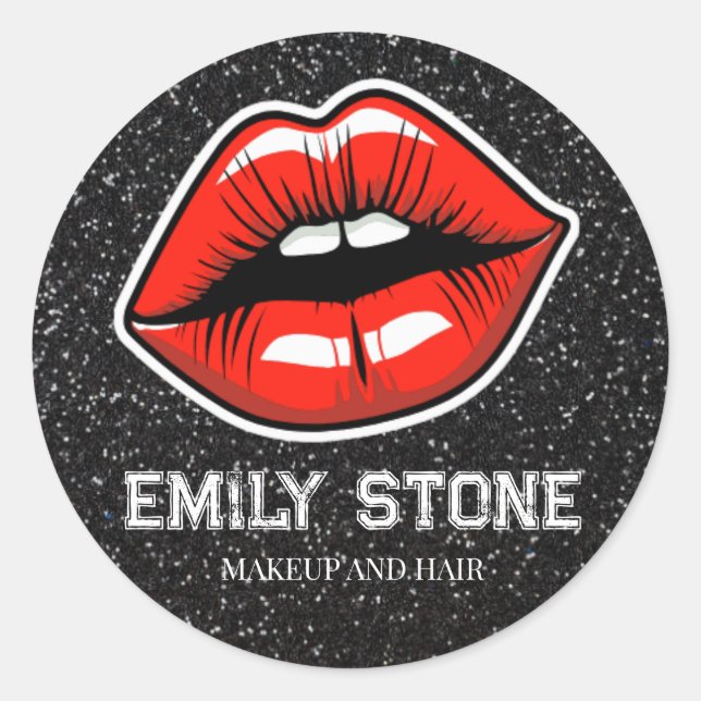 Make-up-Künstler Rote Lippen mit Glitzer Runder Aufkleber (Vorderseite)