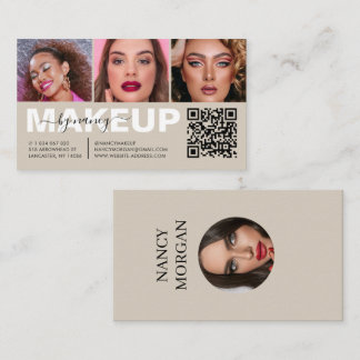 Make-up-Typografie 3 Foto-Collage QR-Code Beige Visitenkarte