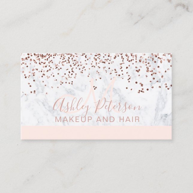 Make-uperröten MarmorRosengoldconfettimonogramm Visitenkarte (Vorderseite)