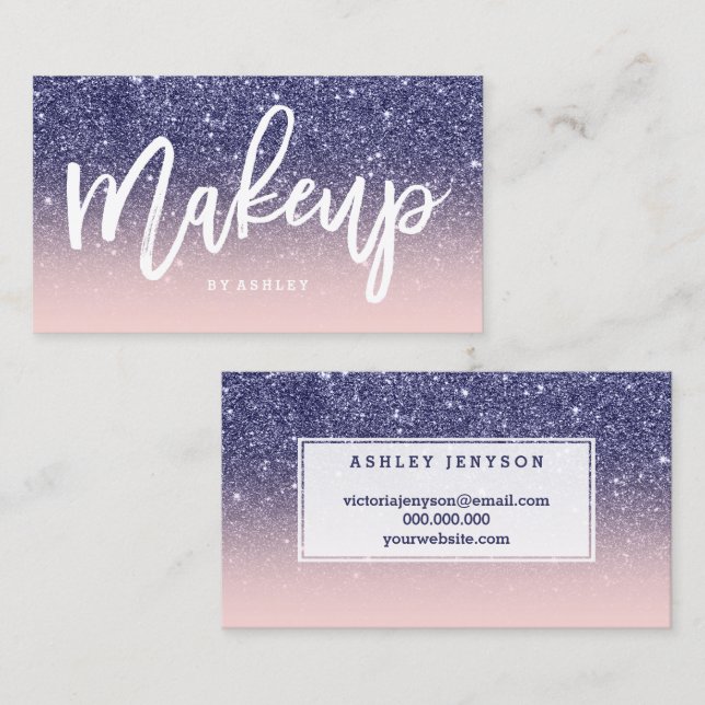 Make-upkünstler-Typografie-Marineblau-Glitterrosa Visitenkarte (Vorne/Hinten)