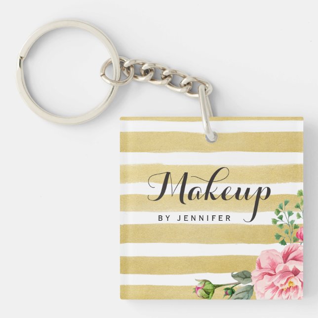 Make-upschönheits-Salon-Gold Stripes rosa Schlüsselanhänger (Vorderseite)