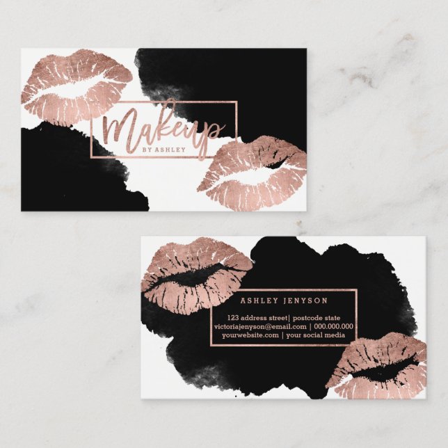 Make-uptypographielippenRosengoldschwarzes Visitenkarte (Vorne/Hinten)