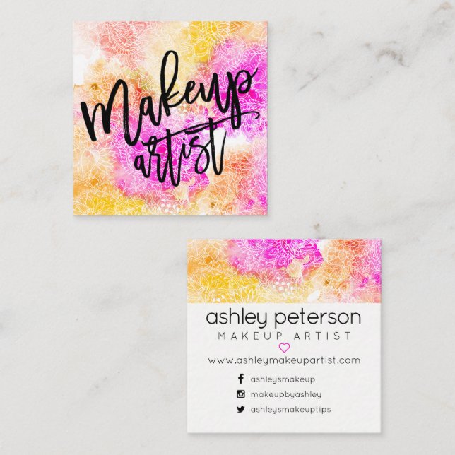 Make-uptypographierosa-Gelb-BlumenAquarell Quadratische Visitenkarte (Vorne/Hinten)