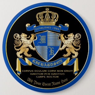 Make Your Own Coat of Arms Blue Gold Lion Emblem Button