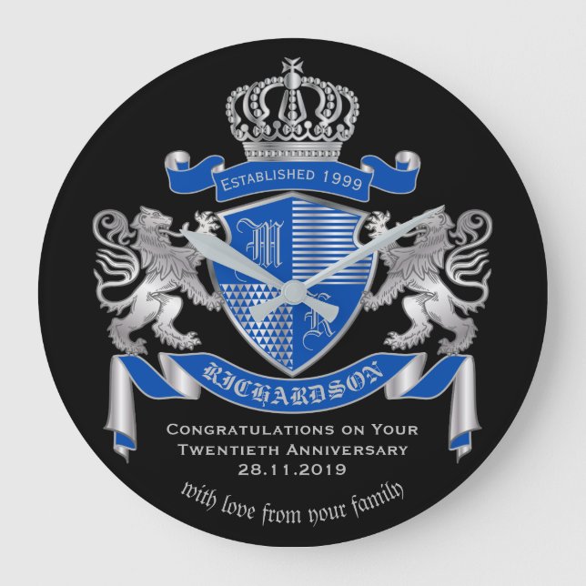 Make Your Own Coat of Arms Blue Silver Lion Emblem Große Wanduhr (Vorderseite)
