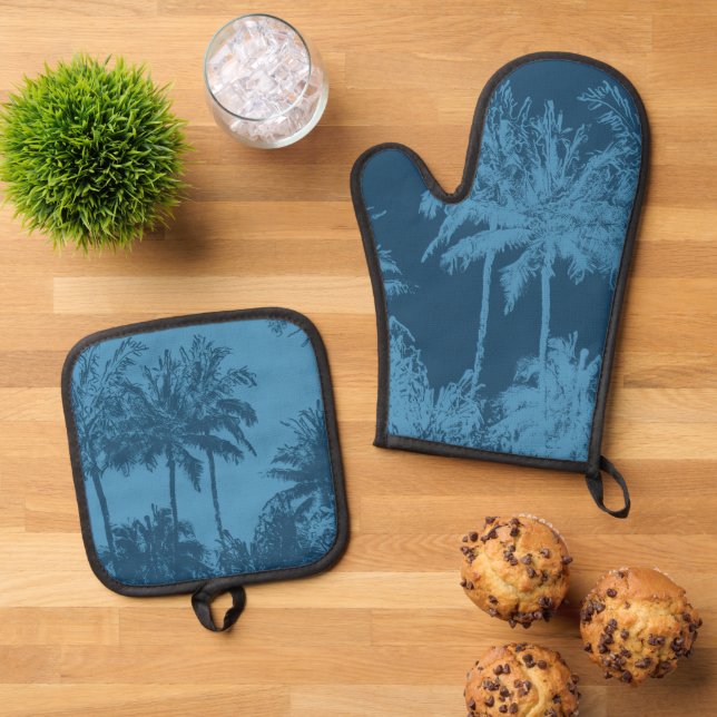 Makena Beach Hawaiian Sketchy Palms Blue Ofenhandschuh & Topflappen-Set (Oben Unten)