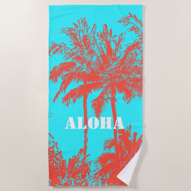 Makena Beach Hawaiian Sketchy Palms Turq Strandtuch (Vorderseite)