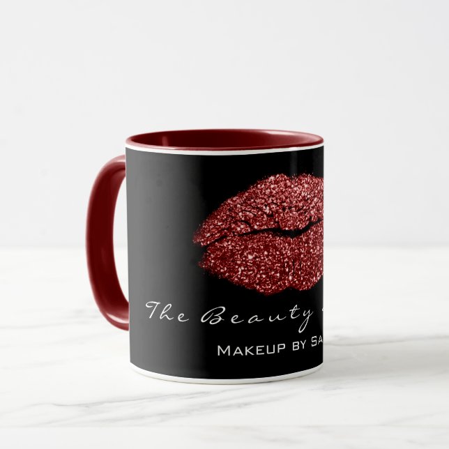 Makeup Artist Beauty Kiss Lip Bordeaux Roter Glitz Tasse (Vorderseite Links)