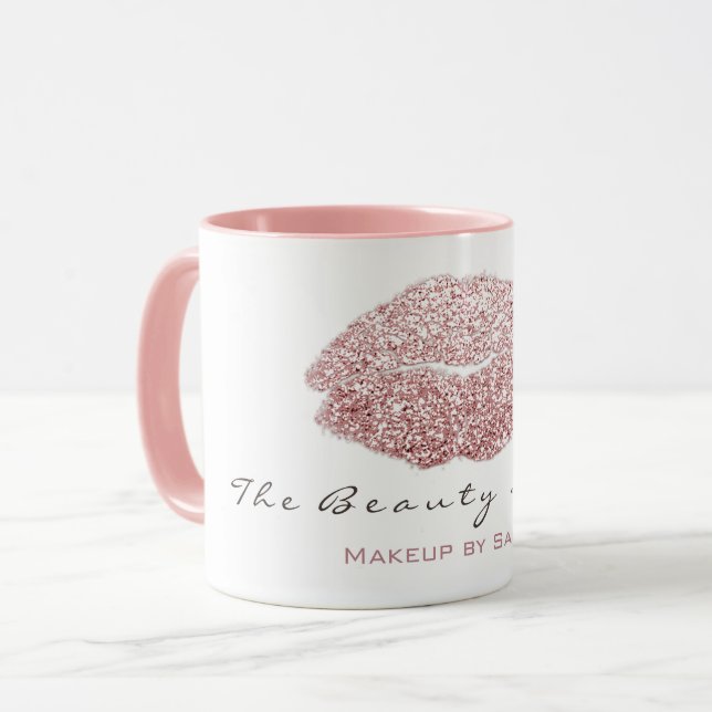Makeup Artist Beauty Kiss Lips Pink Rose Glitzer Tasse (Vorderseite Links)