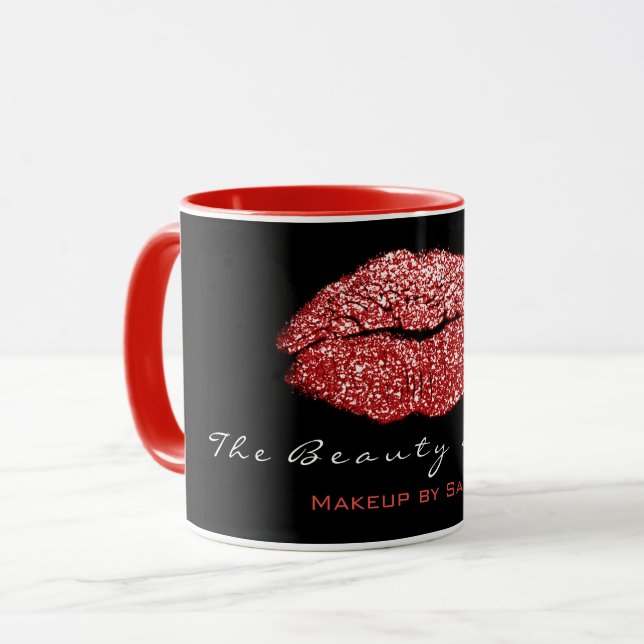 Makeup Artist Beauty Kiss Lips Roter Glitzer Tasse (Vorderseite Links)