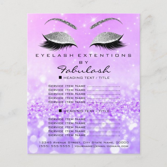 Makeup Artist Beauty Salon Silver Glitzer Lavanda3 Flyer (Vorne)