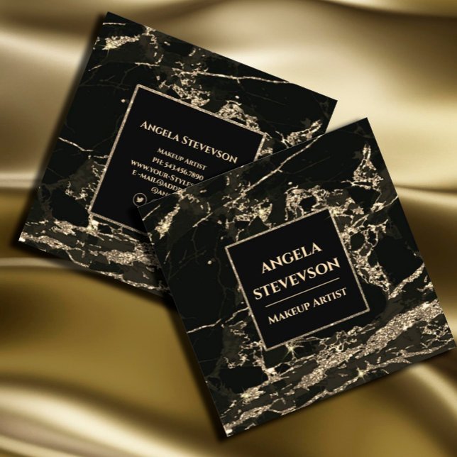 Makeup Artist Black Gold Marmor Business Card Quadratische Visitenkarte (#makeupartist #glittergold #goldfaux #luxury #zazzlemage #proffionalbuainesscard #sparkles,)