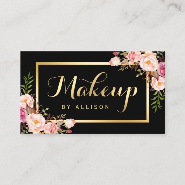 Makeup Artist Black Gold Script Floral Wrap Visitenkarte (Vorderseite)
