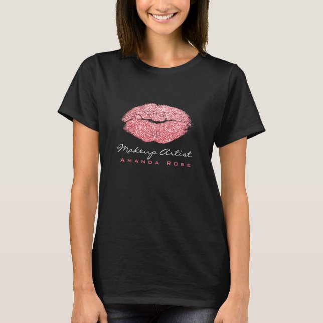 Makeup Artist Black Kiss Lips Candy Pink Glitzer T-Shirt (Vorderseite)