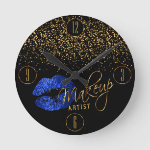 Makeup Artist Blue Lips and Gold Confetti Runde Wanduhr