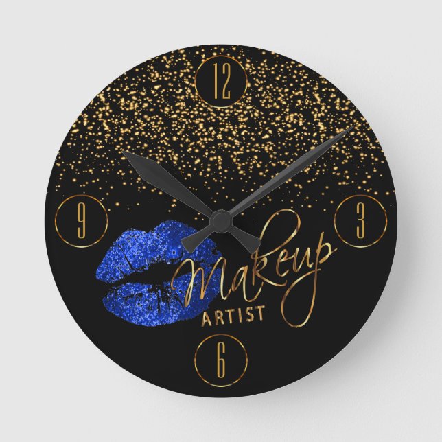 Makeup Artist Blue Lips and Gold Confetti Runde Wanduhr (Vorderseite)