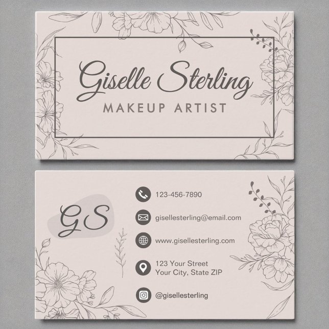 Makeup Artist Blush Pink Floral Line Art Script Visitenkarte (Von Creator hochgeladen)