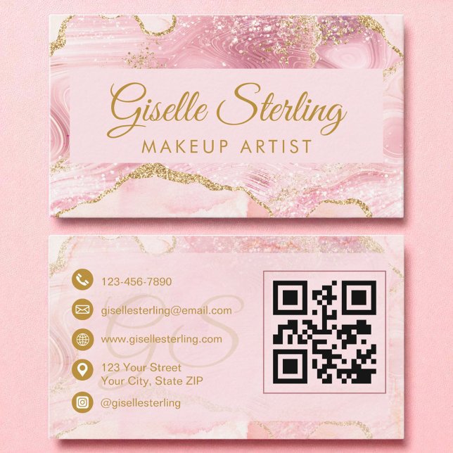 Makeup Artist Blush Pink Gold Agate QR Code Visitenkarte (Von Creator hochgeladen)
