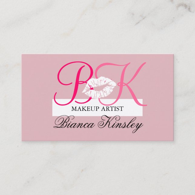 Makeup Artist Business Card Pink Initial Monogram Visitenkarte (Vorderseite)