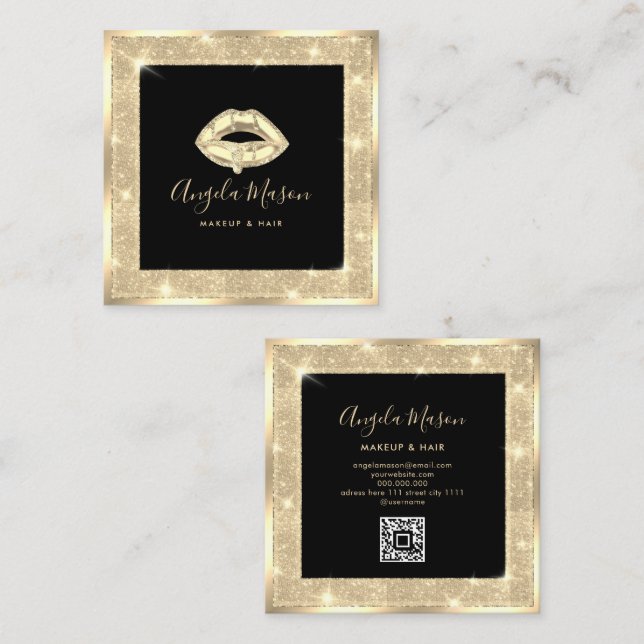 Makeup Artist Chic Salon QR Code Black Gold einzig Quadratische Visitenkarte (Vorne/Hinten)