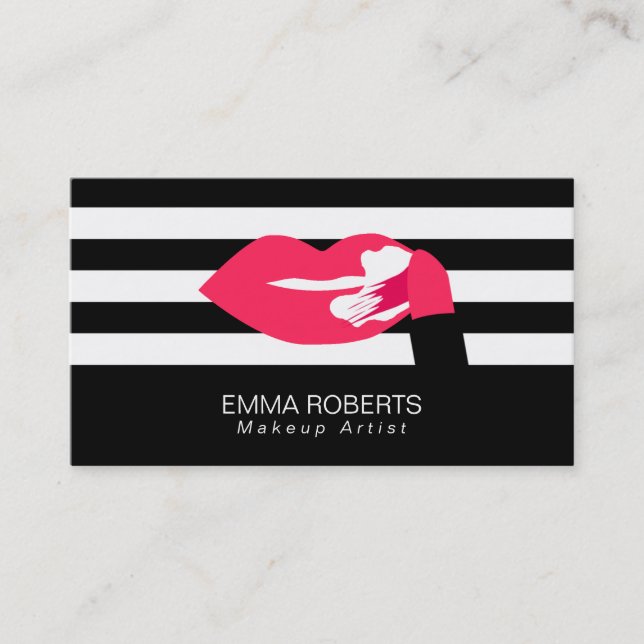 Makeup Artist Classy Modern Stripes Rote Lippen Visitenkarte (Vorderseite)