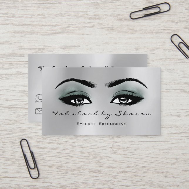 Makeup Artist Eyebrow Lashes Extension Grau Aquama Visitenkarte (Vorderseite/Rückseite Beispiel)