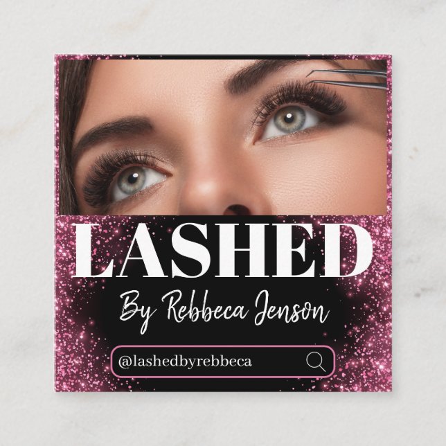 Makeup Artist Eyelash Lashes Pink Glitter script  Quadratische Visitenkarte (Vorderseite)