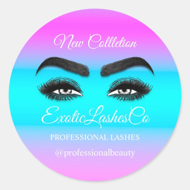Makeup Artist Eyelash Logo Lila Ombre Blue Pink Runder Aufkleber (Vorderseite)