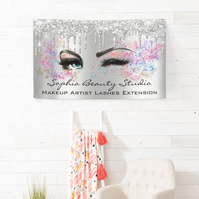 Makeup Artist Eyelashes Graue Tropfen Silberblüte Banner (Insitu)