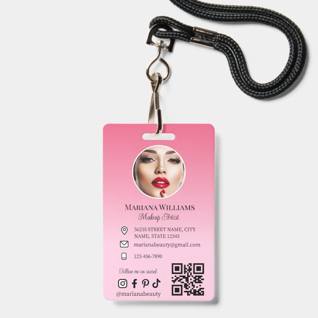 Makeup artist Foto qr Code rosa kleine Unternehmen Ausweis (Vorderseite mit Lanyard)