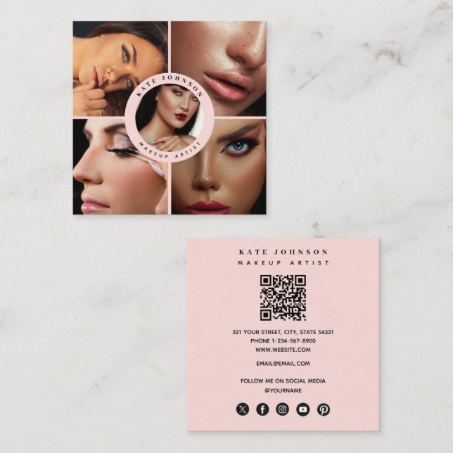 Makeup Artist Fotos QR Code Social Media Icons Quadratische Visitenkarte (Vorne/Hinten)
