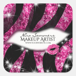 Makeup Artist Glam Pink Glitzer Lips Zebra Print Quadratischer Aufkleber