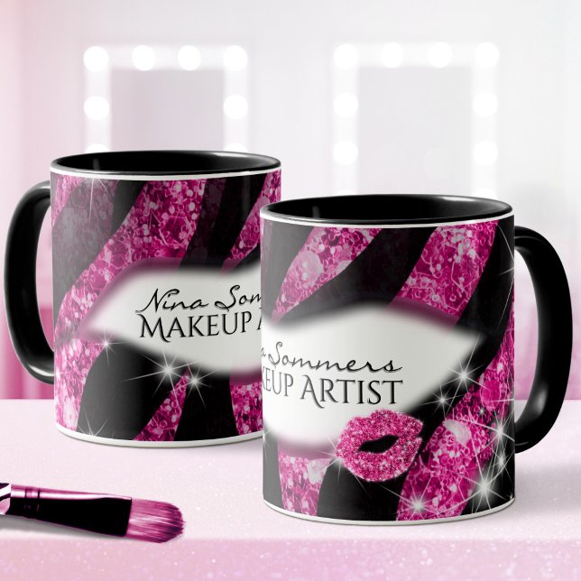 Makeup Artist Glam Pink Glitzer Lips Zebra Print Tasse (Von Creator hochgeladen)