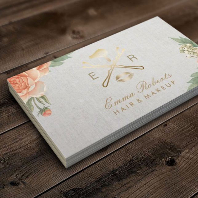 Makeup Artist Gold Lips & Dryer Vintage Blumen Visitenkarte (Von Creator hochgeladen)