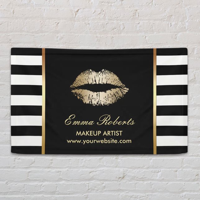 Makeup Artist Gold Lips Modern Schwarz-weiße Strei Banner (Von Creator hochgeladen)