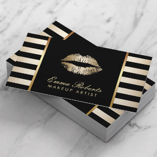 Makeup Artist Gold Lips Modern Schwarze Streifen Visitenkarte