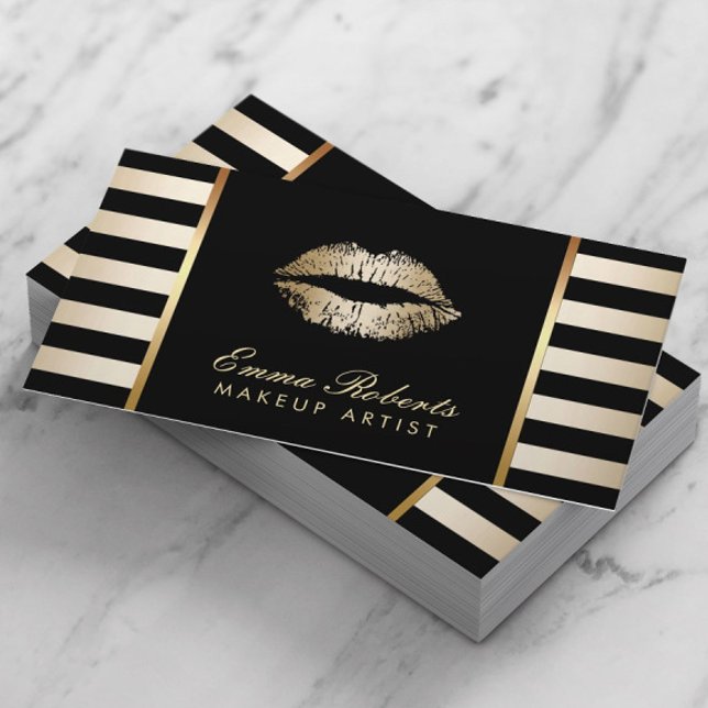 Makeup Artist Gold Lips Modern Schwarze Streifen Visitenkarte (Von Creator hochgeladen)