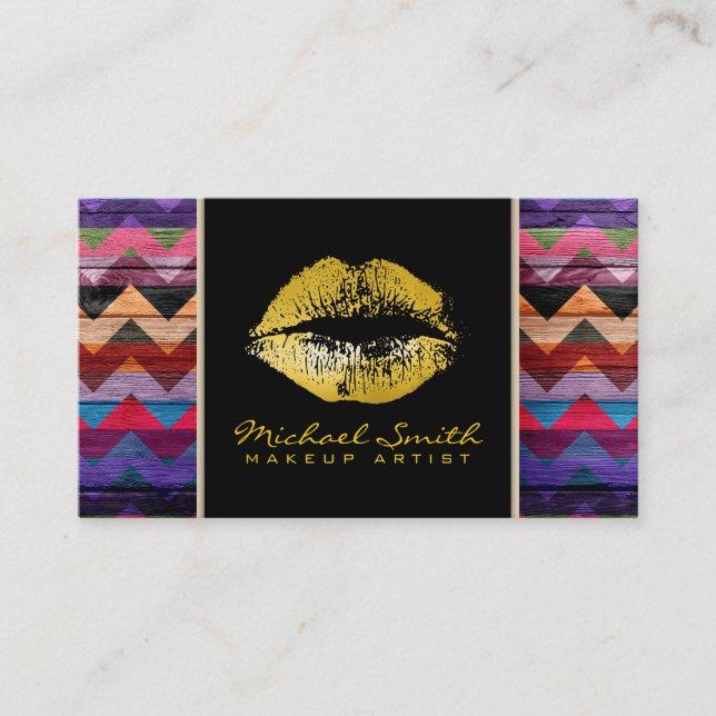 Makeup Artist Gold Lips Modernes Zickzack Holz #10 Visitenkarte (Vorderseite)