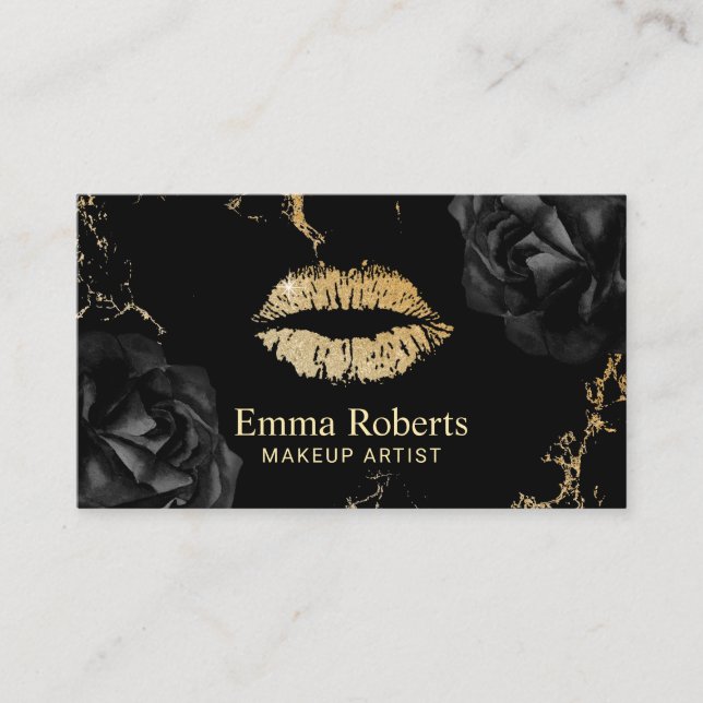 Makeup Artist Gold Lips Salon Trendy Black Floral Visitenkarte (Vorderseite)