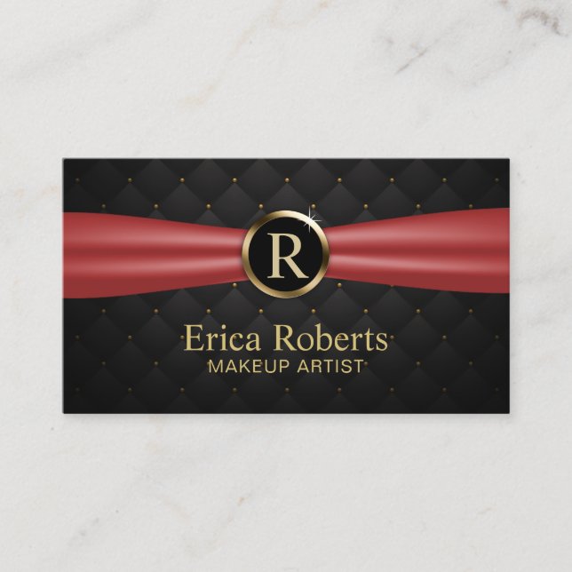 Makeup Artist Gold Monogram Red Ribbon Luxus Visitenkarte (Vorderseite)