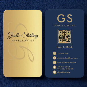 Makeup Artist Gold Navy Blue QR Code Monogram Visitenkarte