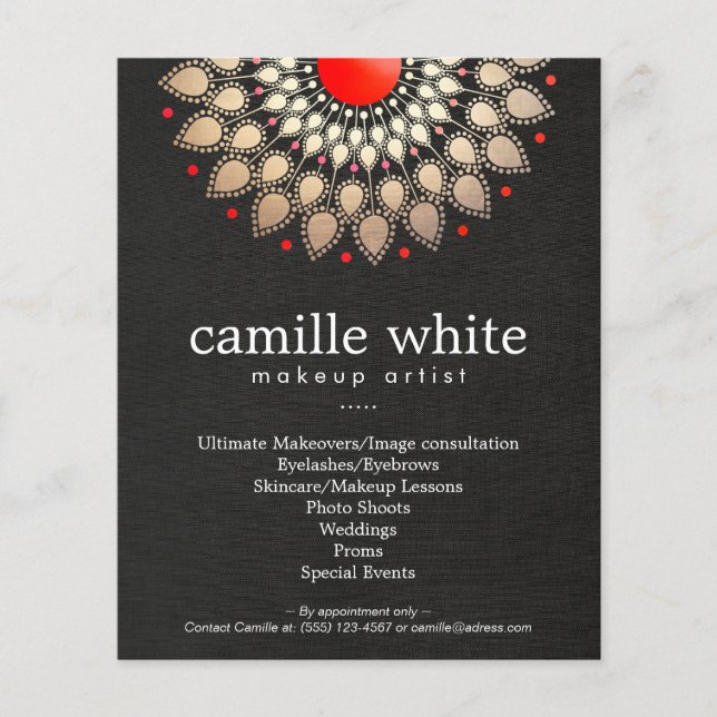 Makeup Artist Gold und Red Motif Black Linen Look Flyer (Vorne)