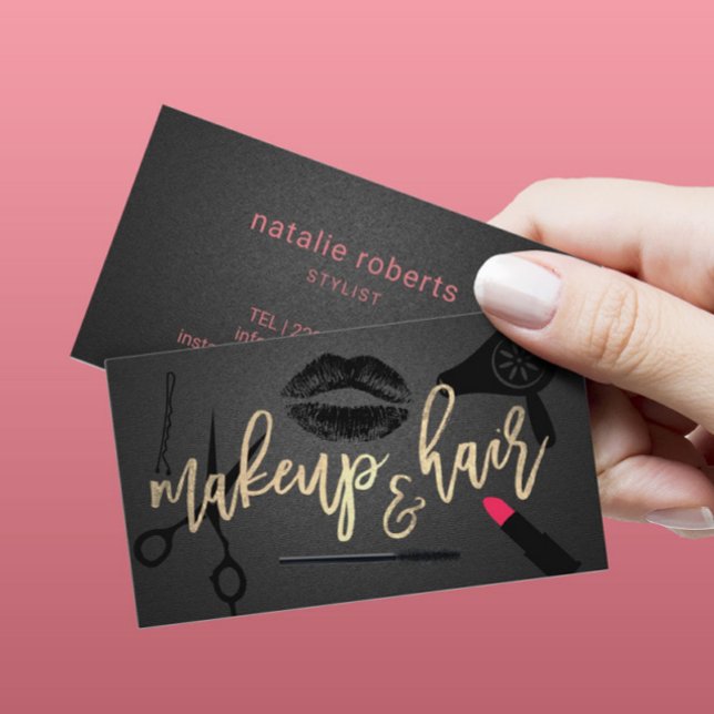 Makeup Artist Hair Stylist Black & Gold Typografie Visitenkarte (Von Creator hochgeladen)