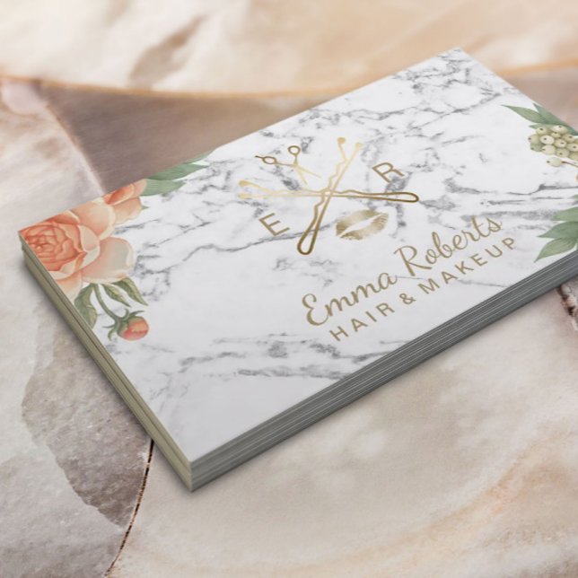 Makeup Artist Hair Stylist Floral Trendy Marmor Visitenkarte (Von Creator hochgeladen)