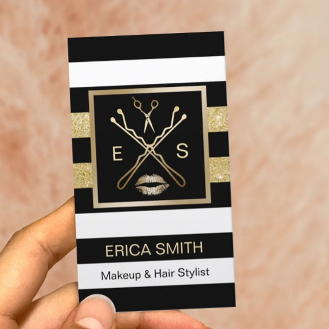 Makeup Artist Harry Stylist Black & Gold Streifen Visitenkarte (Von Creator hochgeladen)