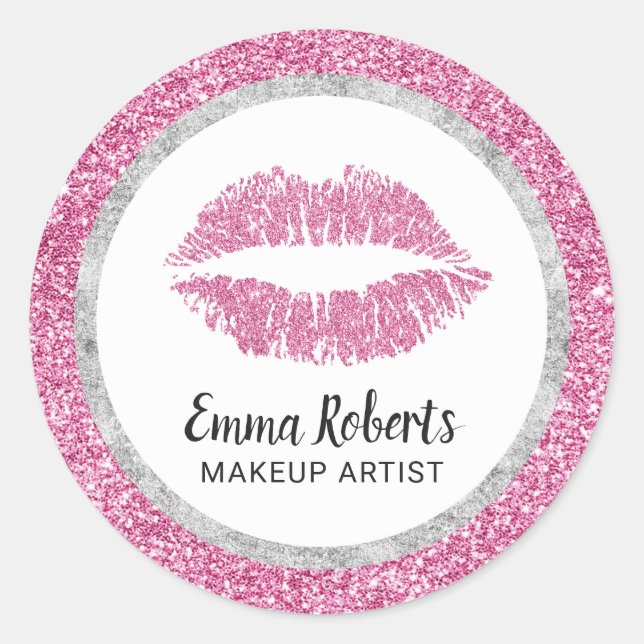 Makeup Artist Hot Pink Lips Moderne Imitate Glitze Runder Aufkleber (Vorderseite)