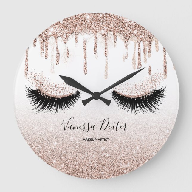 Makeup Artist Lashes Spark Drips Rose Gold Große Wanduhr (Vorderseite)